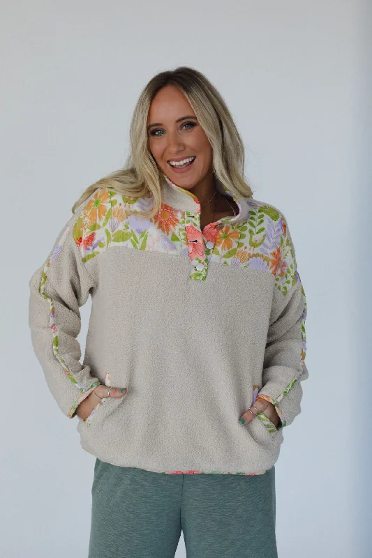 Tula Floral Block Henley Sweater - Cream Silk Blend Satin Velvet