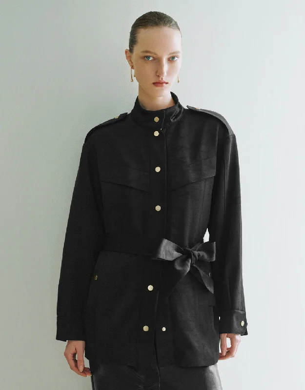 Stand Collar Straight Jacket With Belt Zippered Jacket Buttoned Jacket Snapped Jacket