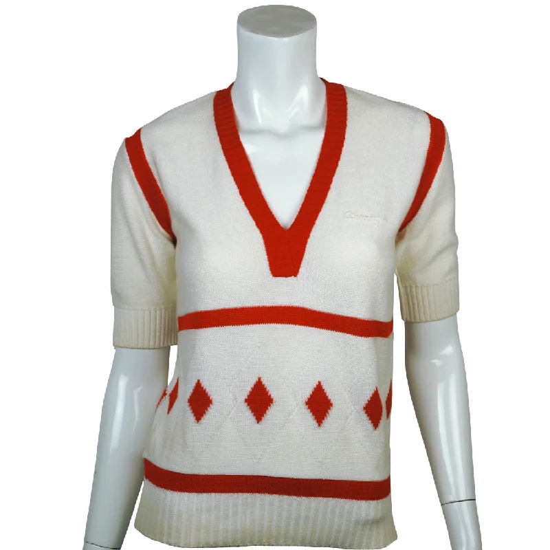 Vintage 70s Courreges Paris Intarsia Sweater Red White Sz S Open Front Closed Front Wrap Front