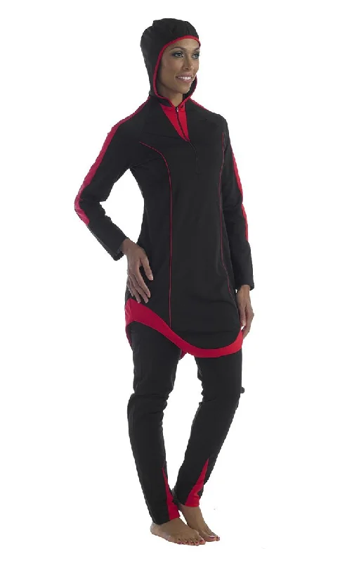 Poly knit Red and black swimwear hood attached