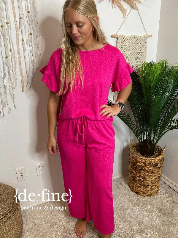 Fuchsia Textured Cropped Pants Set with Ruffle Sleeves in Regular & Curvy