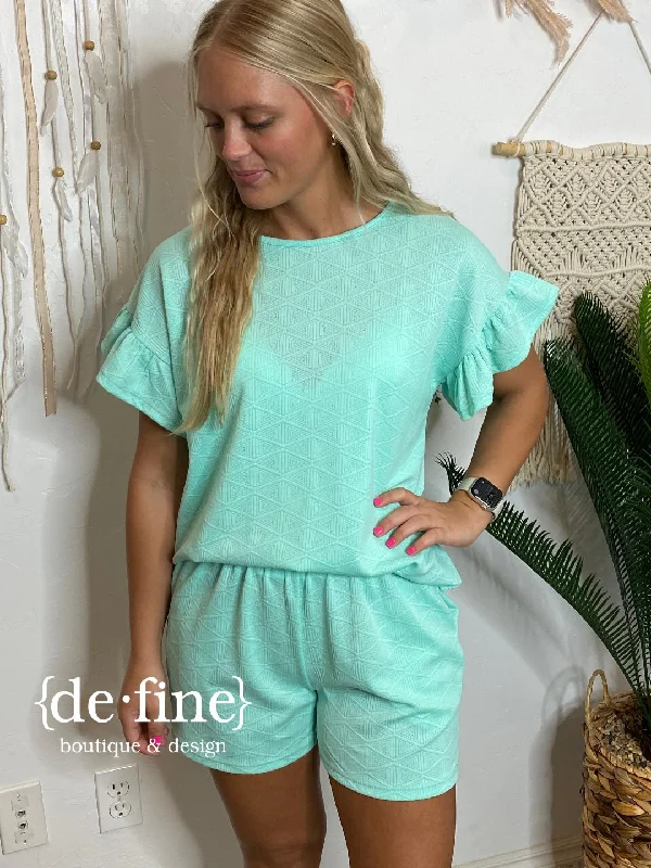 Mint Textured Short Set with Ruffle Sleeves in Regular & Curvy