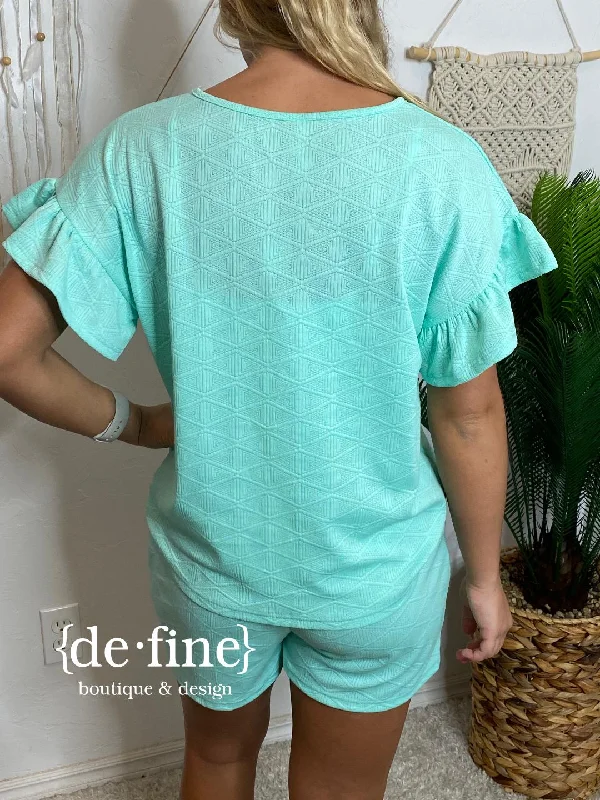 Mint Textured Short Set with Ruffle Sleeves in Regular & Curvy