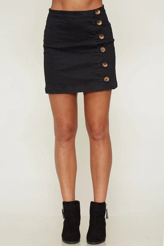 Woven Side Button Up Essential Mini Skirt in Black