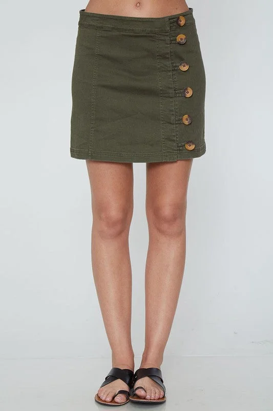 Woven Side Button Up Essential Mini Skirt in Olive