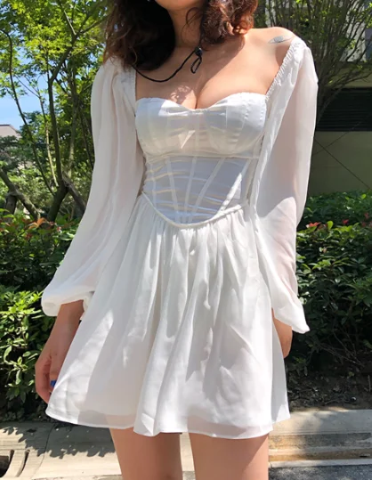 Lantern Sleeve Square Neck High Waist A-Line Mini Dress Ruffle Prom Dress Cozy Sweater Mini Dress