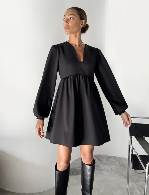 Long Sleeve Women Evening Elegant Autumn Mini Dress Sexy V-Neck Pleated Little Black Dress Trendy Cut-Out Mini Dress