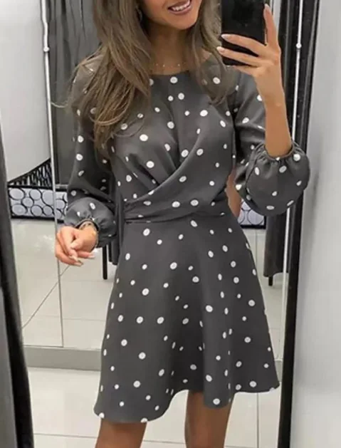 Polka Dot Printed Dress Women O-neck Long Sleeve Mini Dress Waist Tight Dress Elegant Sequin Mini Dress