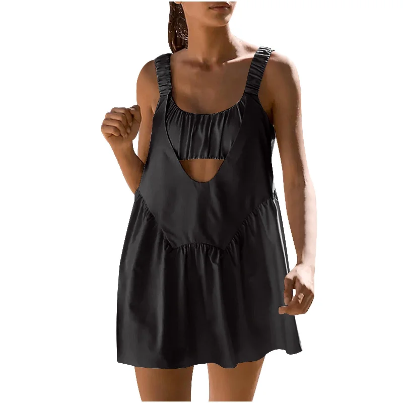 LIZAKOSHT  -  Women 2 Pieces Tennis Dress Sleeveless Workout Mini Dress with Built in Bra and Shorts Cut Out Athletic Outfits Comfortable One-Shoulder Mini Dress