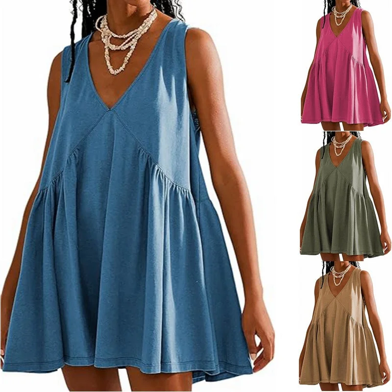 LIZAKOSHT  -  Womens Summer Mini Dress Casual Short Sleeve Loose V Neck Swing Sundress with Pocket Womenswear Underwear Cozy Ruched Mini Dress