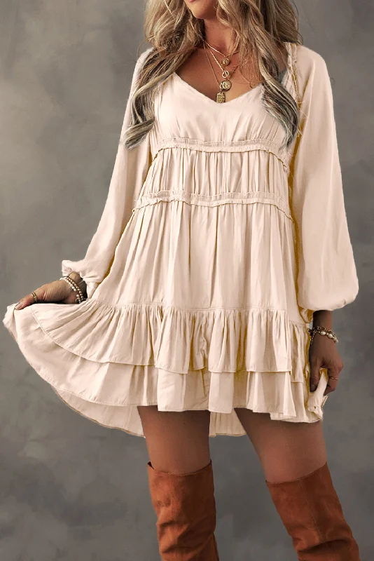 Apricot Tiered Ruffled Puff Sleeve Loose Fit Mini Dress Fashionable Party Mini Dress