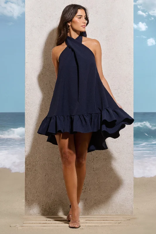 August | Navy Halter-Neck Smock Mini Dress Casual High-Waist Mini Dress
