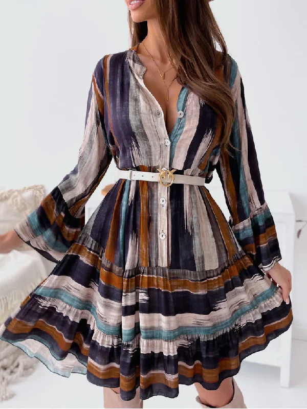 Belted Button Up V Neck Long Sleeve Wrap Mini Dress Cozy Knit Mini Dress
