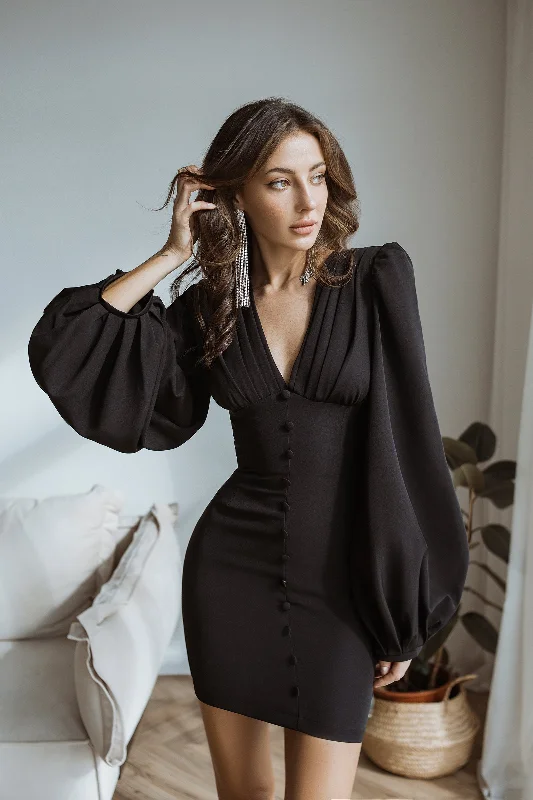 Black Backless Puff Sleeve Mini Dress Cozy Cotton Mini Dress