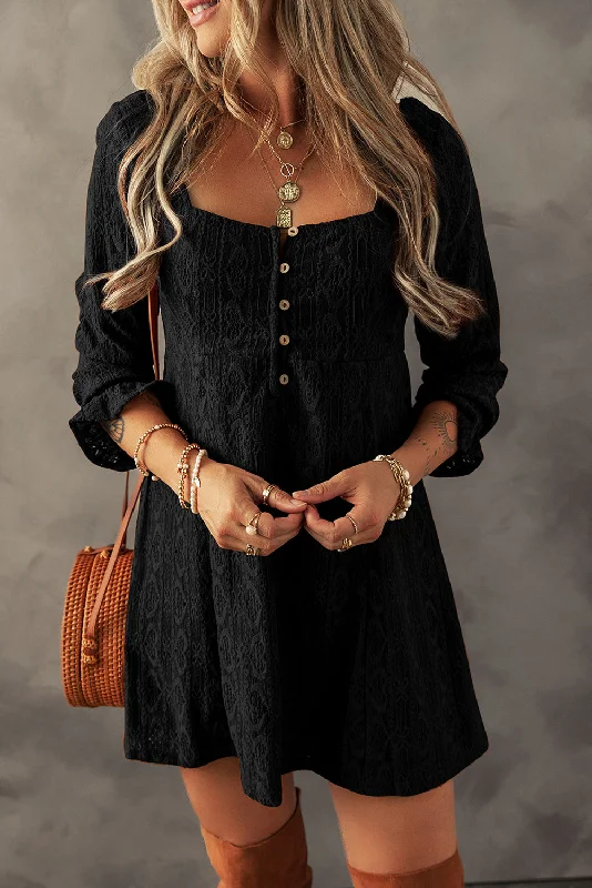 Black Lace Crochet Buttoned Square Neck Shift Mini Dress Comfortable One-Shoulder Mini Dress