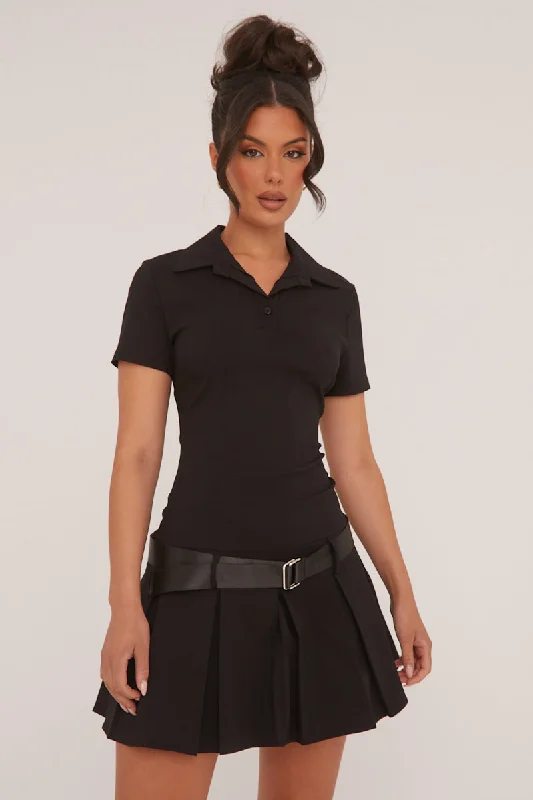 Black Pleated Hem Belt Detail Mini Dress - Millie Elegant Silk Mini Dress