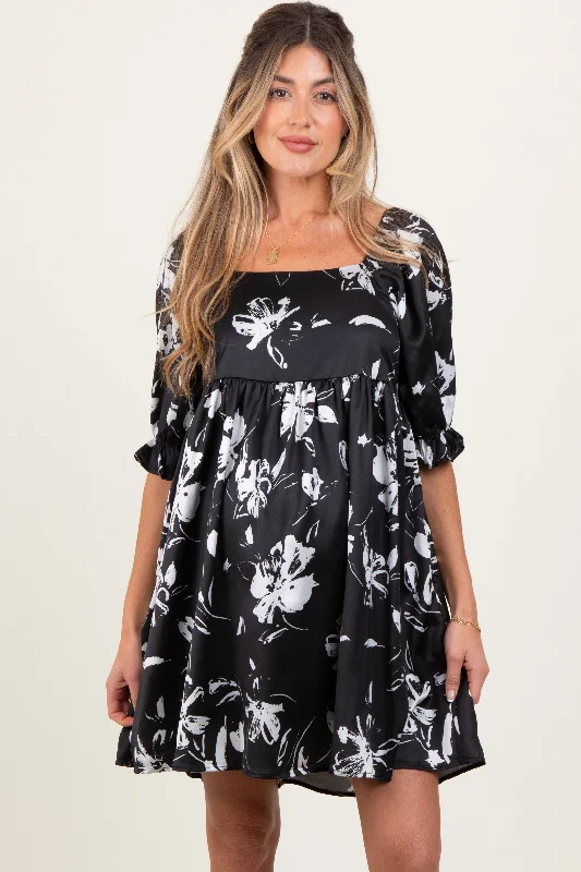 Black Satin Floral Square Neck Maternity Mini Dress Modern Satin Mini Dress