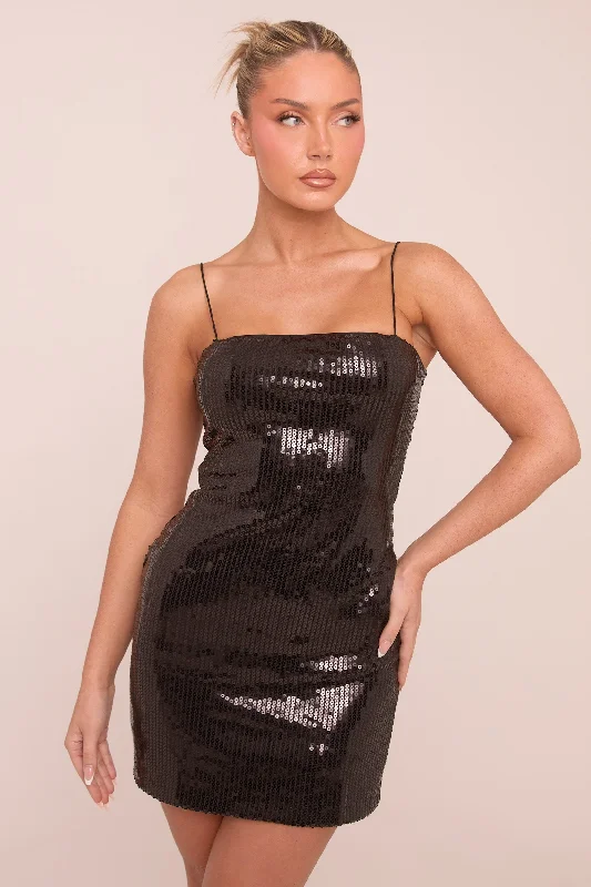 Black Sequin Shoulder Strap Mini Dress - Miliana Casual V-Neck Mini Dress