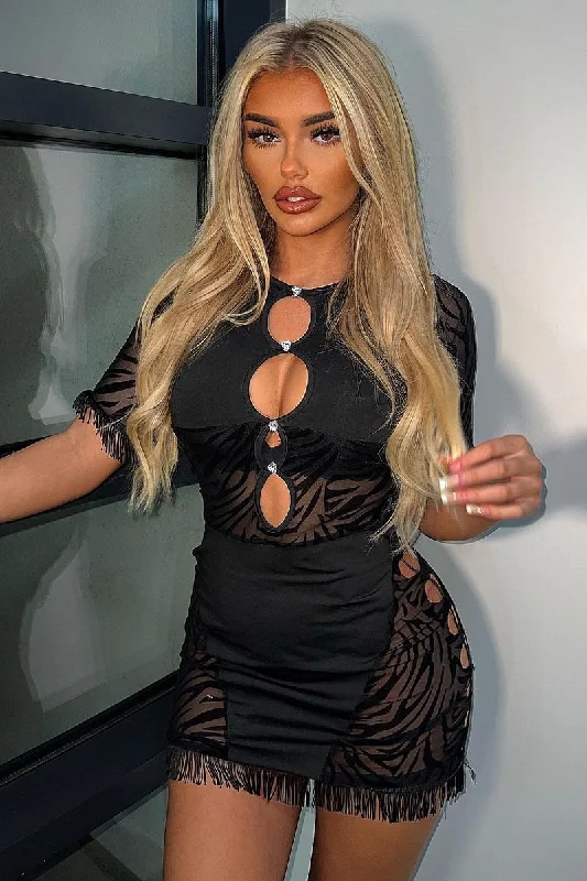 Black Zebra Print Cut Out Mesh Mini Dress - Josslyn Trendy Lace Mini Dress