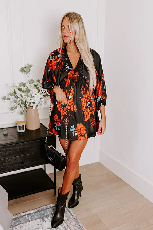Botanical Bliss Satin Mini Dress in Black Stylish Short Sleeve Mini Dress