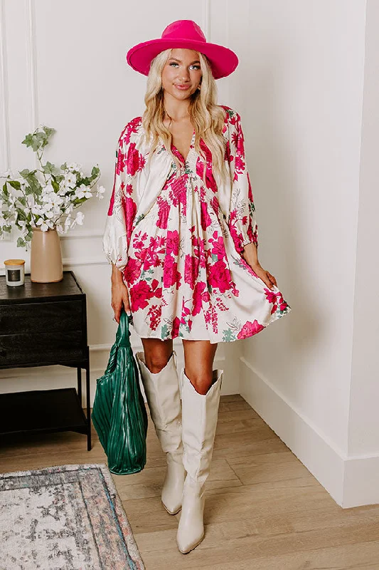 Botanical Bliss Satin Mini Dress in Cream Elegant Lace-Up Mini Dress
