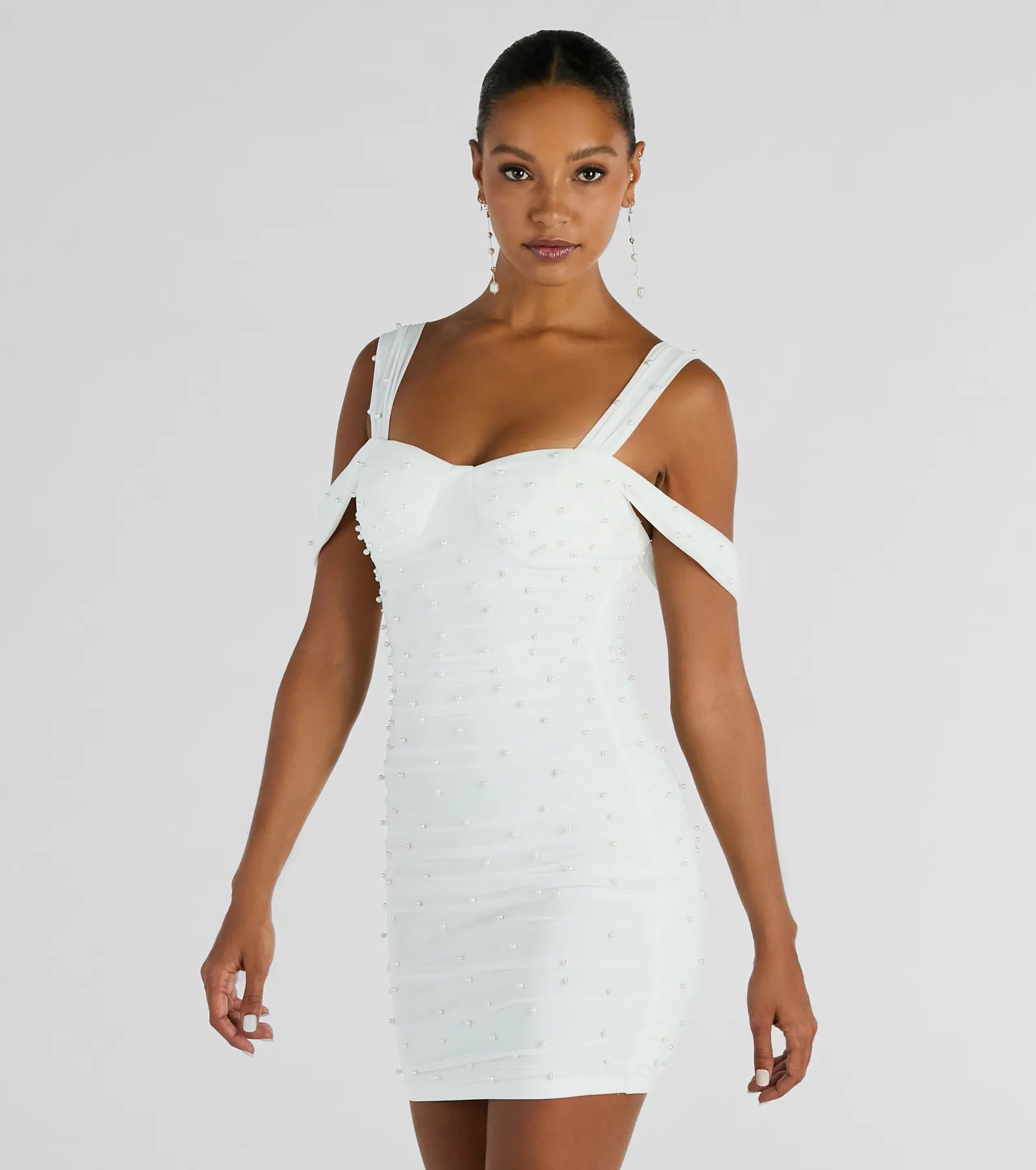Breathtaking Impression Faux Pearl Bodycon Mini Dress Comfortable Off-Shoulder Mini Dress