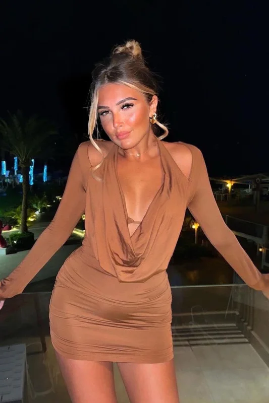 Brown Cowl Neck Side Ruched Mini Dress - Harper Cozy Long Sleeve Mini Dress