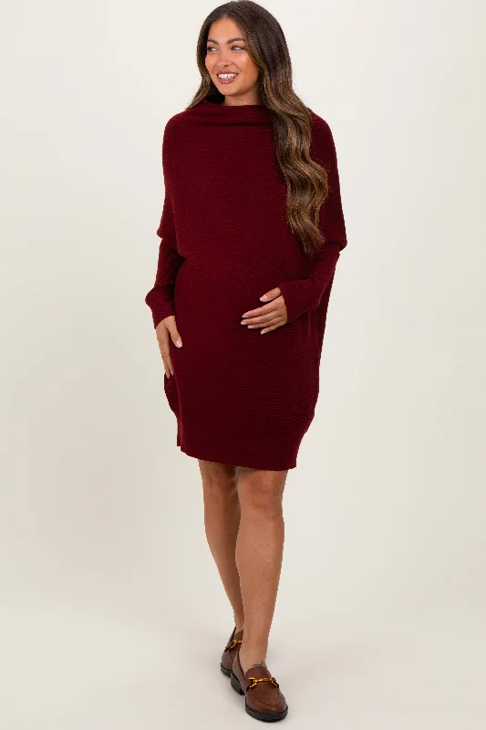 Burgundy Funnel Neck Dolman Sleeve Maternity Mini Dress Cozy T-Shirt Mini Dress