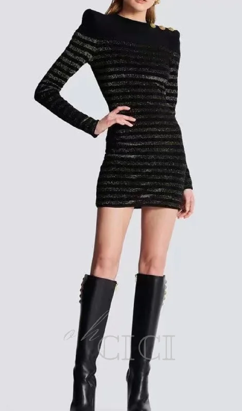 CARLIN JERSEY STRIPE LONG SLEEVE MINI DRESS IN BLACK Fashionable Boho-Chic Mini Dress