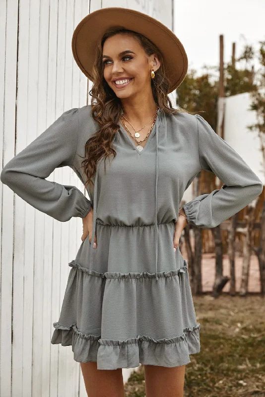 Casual Gray V Neck Long Sleeve Ruffle Tiered Mini Dress Fashionable Denim Mini Dress