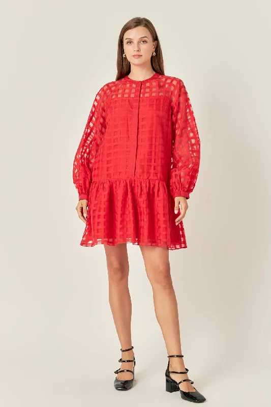 English Factory - Sheer Checkered Organza Long Sleeve Mini Dress Classic Black Mini Dress