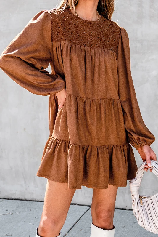 Chestnut Floral Lace Crochet Tiered Ruffled Mini Dress Fashionable Mini Dress with Frills