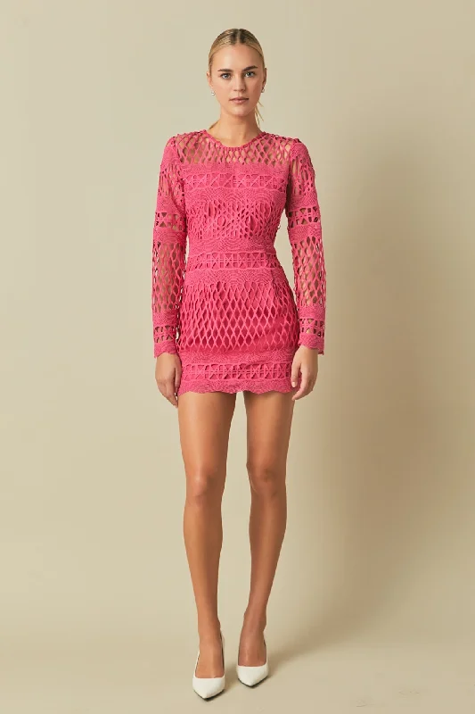 Endless Rose - Long Sleeve Crochet Mini Dress Comfortable Ruffle Mini Dress