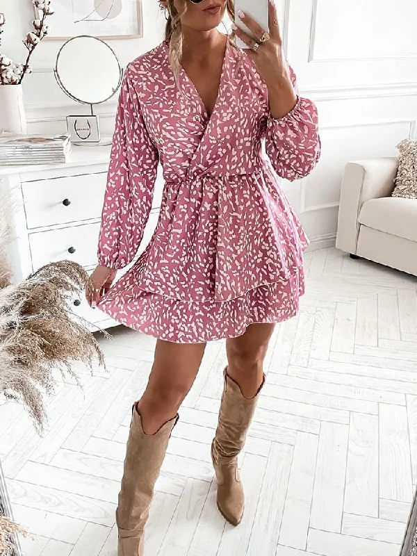 Cross V Neck Long Sleeve Mini Dress Stylish Plaid Mini Dress