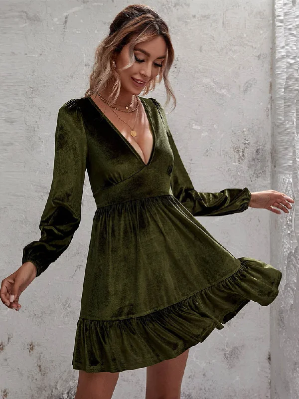 Deep V Neck Long Sleeve Mini Dress Trendy Mesh Mini Dress