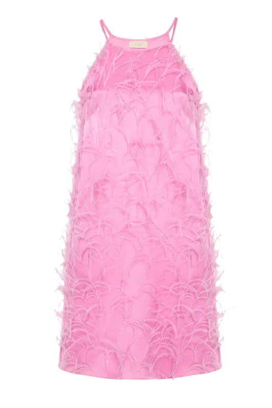 Satin Feather Halter Mini Dress | Hibiscus Chic Pleated Mini Dress