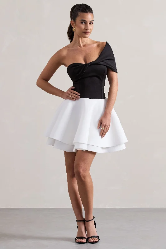 Effie | Black & White Twisted Bardot Skater Mini Dress Elegant Lace-Up Mini Dress