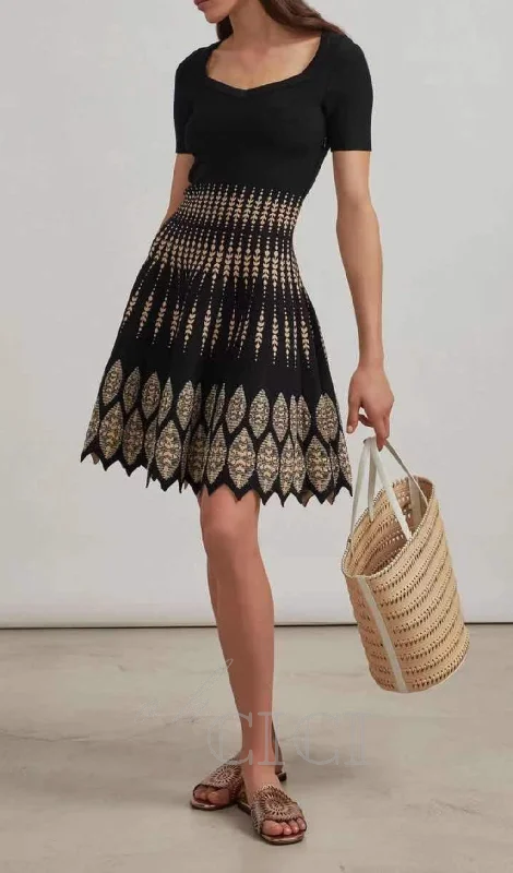 ELEANORE BLACK GEOMETRIC JACQUARD FLARE MINI DRESS Trendy Cut-Out Mini Dress