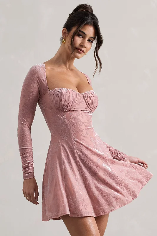 Evangelina | Pink Long-Sleeve Skater Mini Dress Stylish Short Sleeve Mini Dress