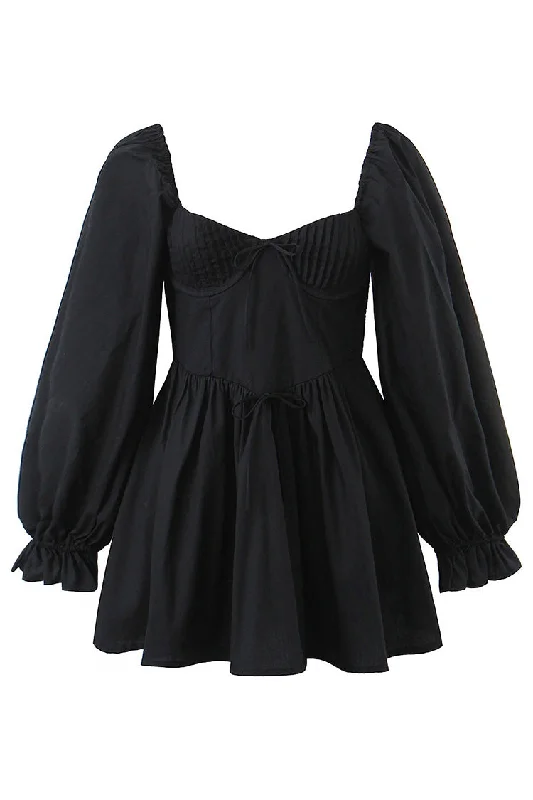 Flowy Pleated Bustier Long Sleeve Bow Tie Back Cut Out Skater Mini Dress Chic Halter Mini Dress