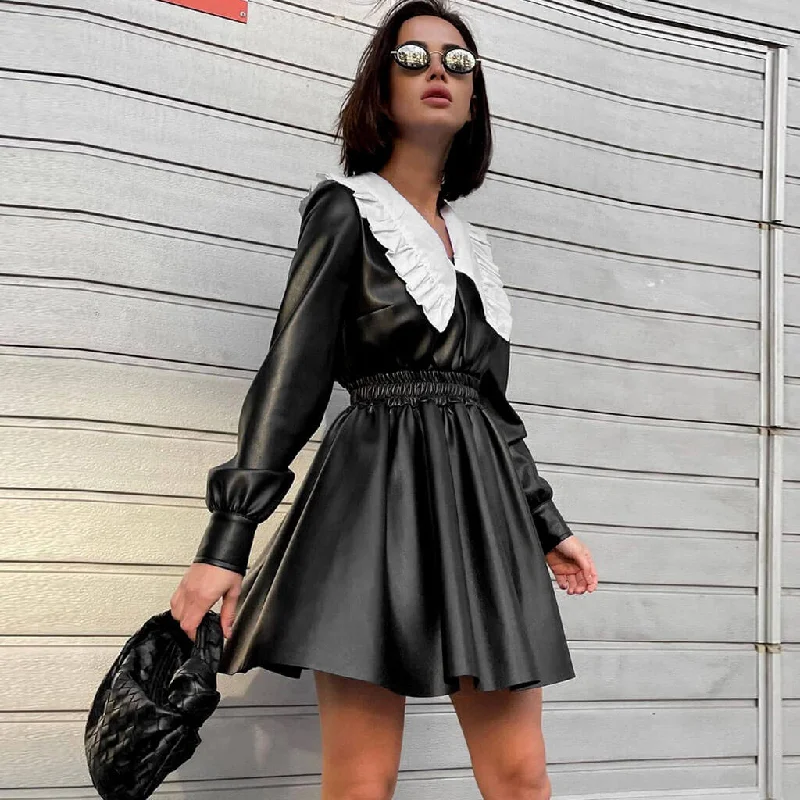 Gothic Style Peter Pan Long Sleeve Leather Mini Dress - Black Trendy Tulle Mini Dress