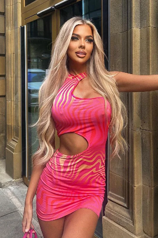 Hot Pink Wave Print High Neck Cut Out Mini Dress - Flor Trendy Tie-Dye Mini Dress