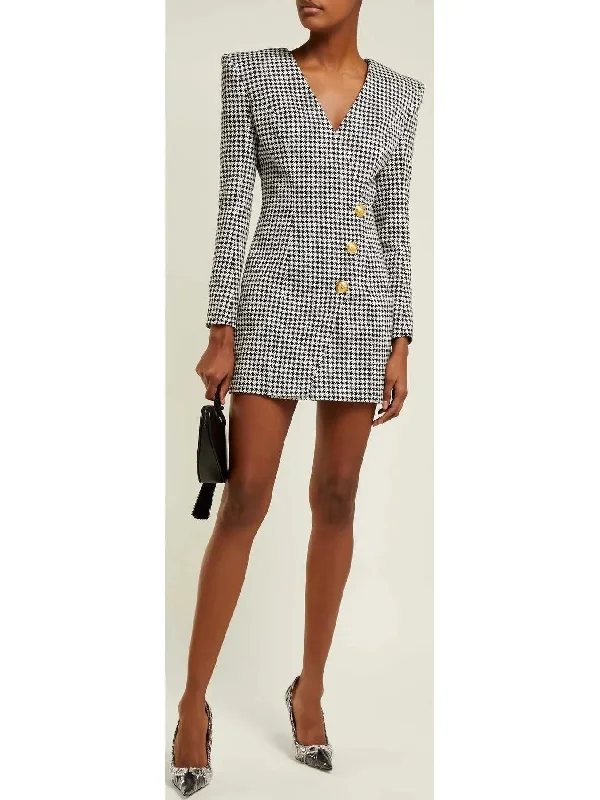 Houndstooth Buttoned Mini Dress Casual Mini Dress with Pockets