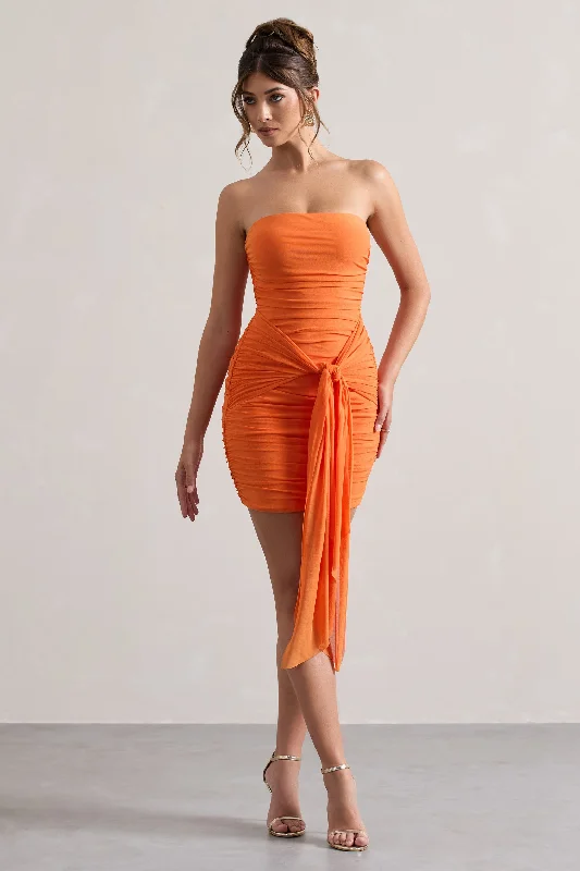Jesse | Orange Ruched Mini Dress With Knot Detail Trendy Denim Mini Dress