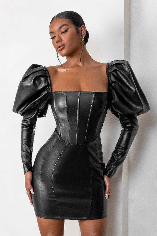 Karyme | Black Faux Leather Puff Sleeve Mini Dress With Corset Detail Comfortable Fit-and-Flare Mini Dress