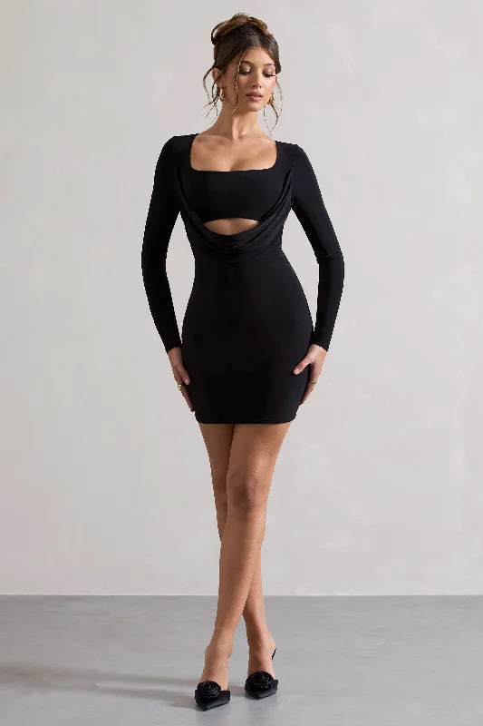 Last Call | Black Cowl-Neck Long-Sleeve Mini Dress Fashionable Summer Mini Dress