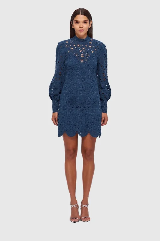 Leo Lin Daisy Crochet Long Sleeve Mini Dress - Navy Comfortable Linen Mini Dress
