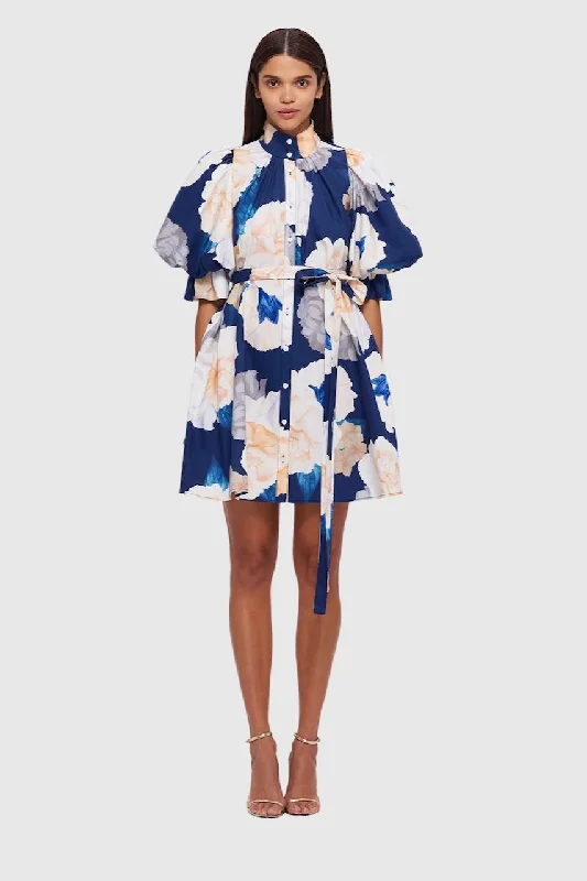 Leo Lin Eli Mini Dress - Rosebud Print in Navy Elegant Mini Dress with Pleats