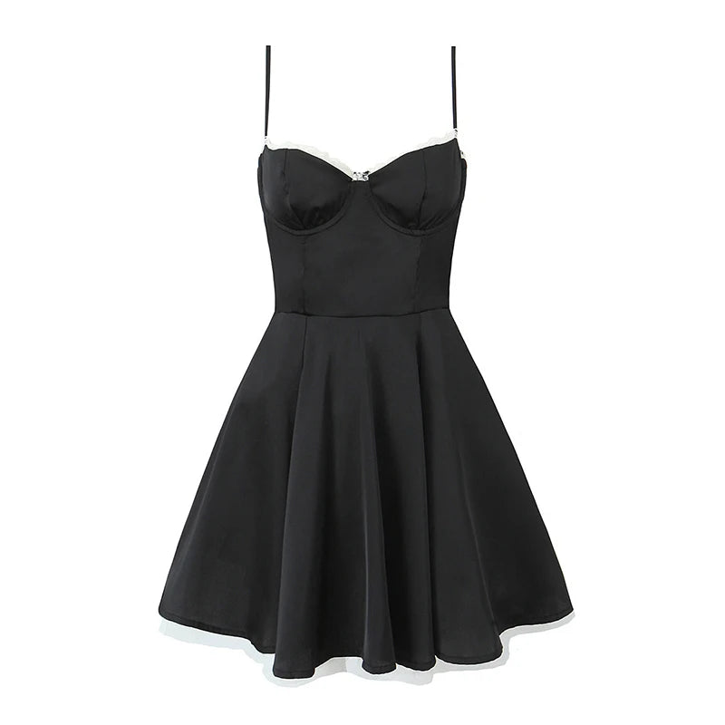 LIZAKOSHT  -  2024 Women Lace Patchwork Satin Sling Mini Dresses Summer Sexy Elegant Birthday Party Dress Girls Pretty Clothing Classic Floral Print Mini Dress