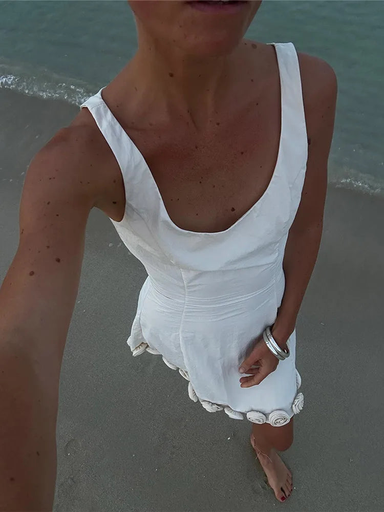 LIZAKOSHT  -  Elegant Solid Flower Hem Women Mini Dress Fashion Square Neck Sleeveless Slim Dresses Summer Lady Chic Beach Vacation Robes 2024 Trendy Tie-Dye Mini Dress